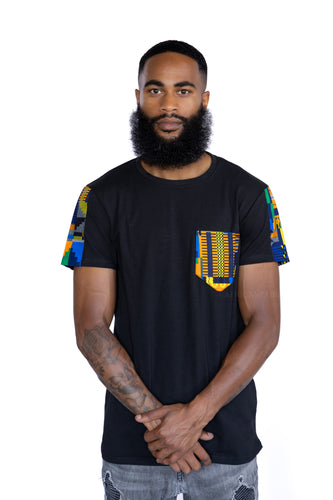 T-shirt met Afrikaanse print details - Blauw / oranje kente borstzak