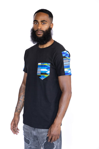 T-shirt met Afrikaanse print details - Blauwe kente borstzak