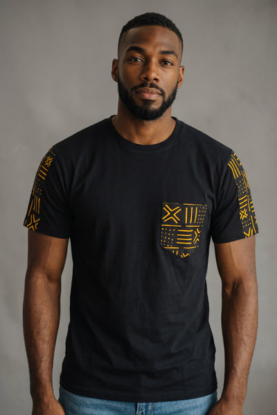 T-shirt met Afrikaanse print details - Gele Bogolan borstzak