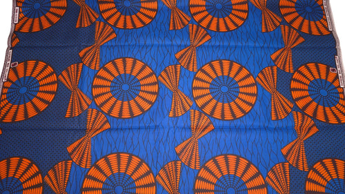 Afrikaanse wax print stof - Blauw Oranje Sun Disc - 100% katoen