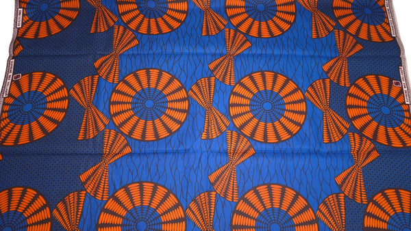 Afrikaanse wax print stof - Blauw Oranje Sun Disc - 100% katoen