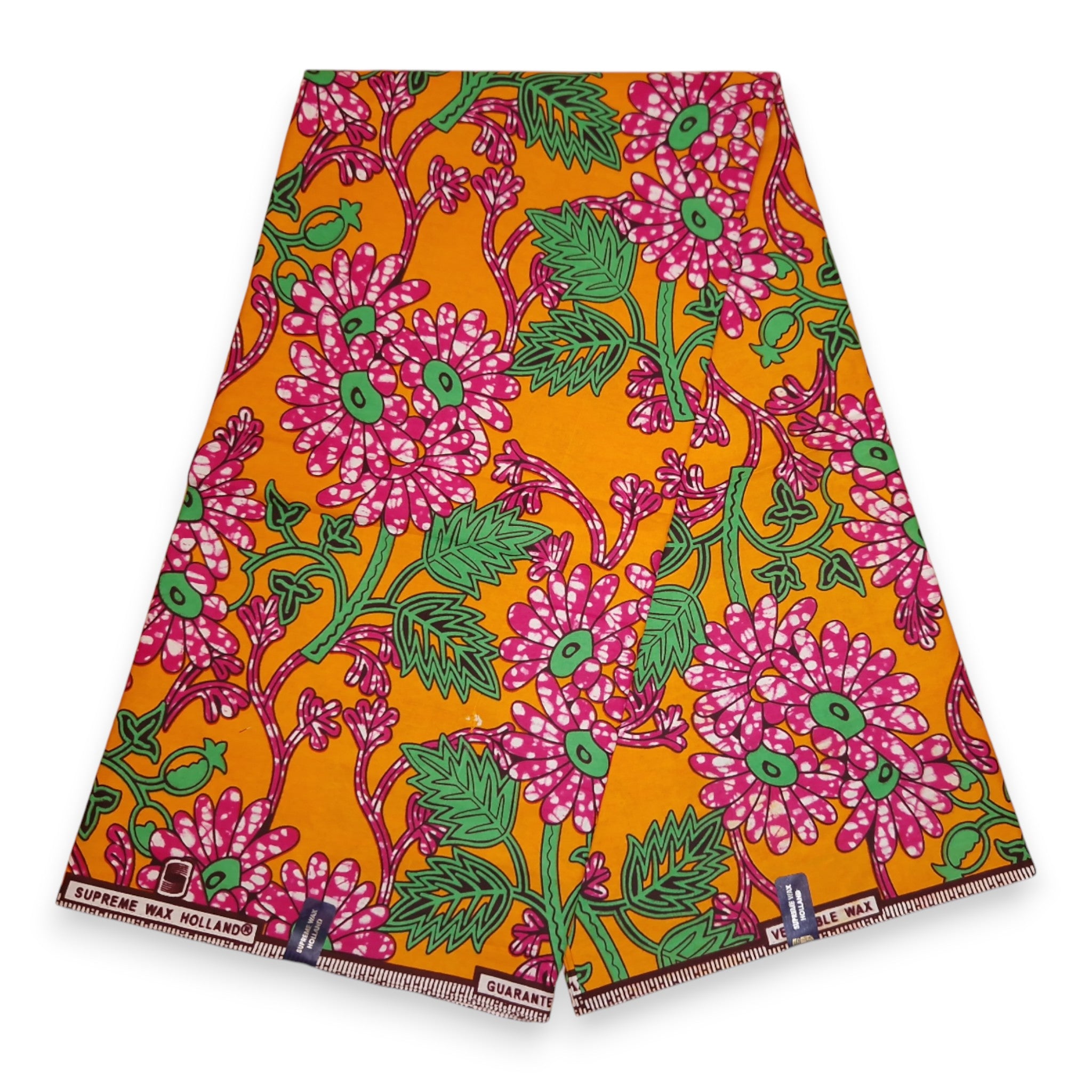 African Wax print fabric - Orange and Pink Floral Vines - 100% cotton