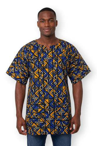 Blauw Bogolan Geometry Dashiki Shirt / Dashiki Jurk - Afrikaans shirt - Unisex