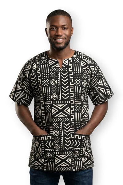 Black White Bogolan Symbols Dashiki Shirt / Dashiki Dress - African print top - Unisex