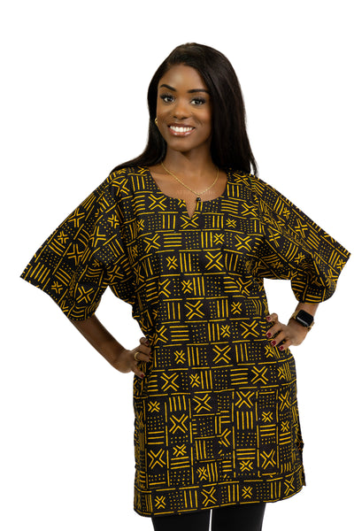 Zwart / Gele X Bogolan Dashiki Shirt / Dashiki Jurk - Afrikaans shirt - Unisex