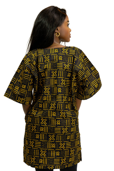 Zwart / Gele X Bogolan Dashiki Shirt / Dashiki Jurk - Afrikaans shirt - Unisex