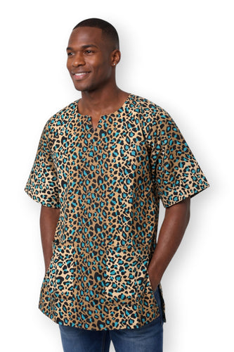 Beige Turkoois Leopard Spots Dashiki Shirt / Dashiki Jurk - Afrikaans shirt - Unisex