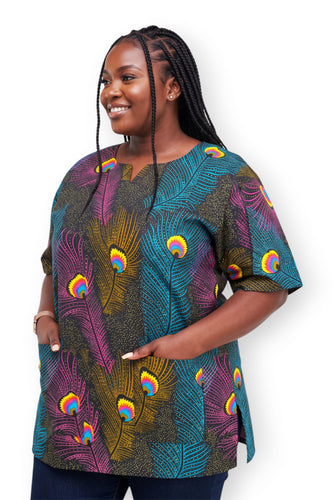 Roze Blauw Peacock Feather Dashiki Shirt / Dashiki Jurk - Afrikaans shirt - Unisex