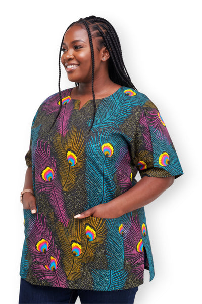 Roze Blauw Peacock Feather Dashiki Shirt / Dashiki Jurk - Afrikaans shirt - Unisex