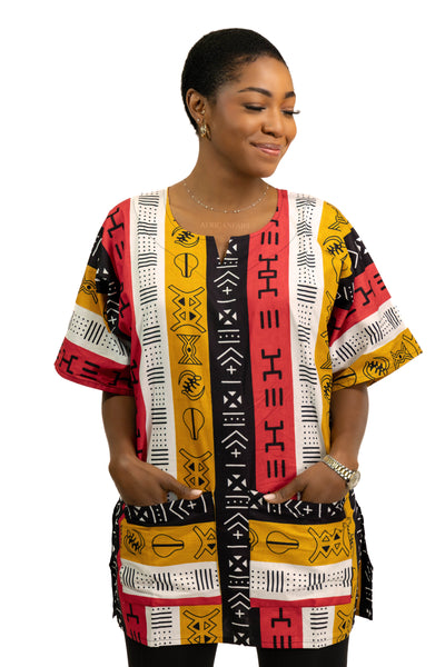 Rode Bogolan Symbols Dashiki Shirt / Dashiki Jurk - Afrikaans shirt - Unisex