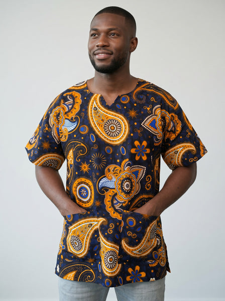 Marineblauw Geel Paisley Dashiki Shirt / Dashiki Jurk - Afrikaans shirt - Unisex