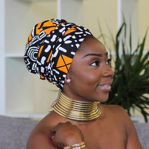 Easy headwrap / hoofddoek - Satijnen binnenkant - Zwart / oranje Amaka