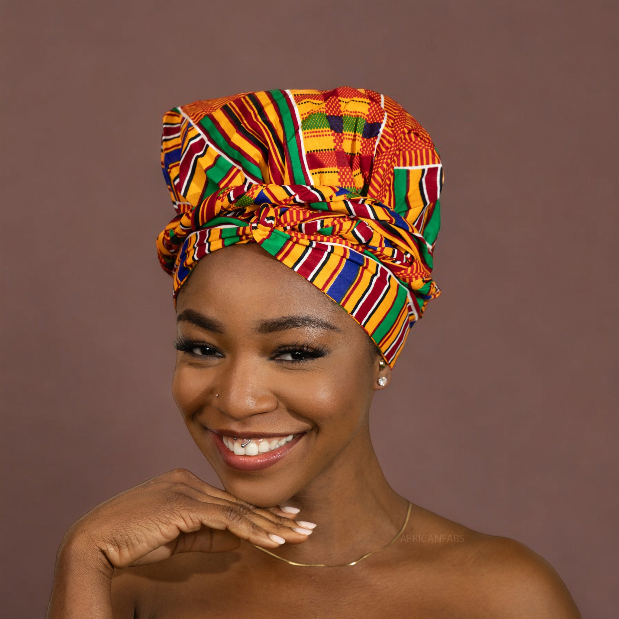 Easy headwrap / hoofddoek - Satijnen binnenkant - Kente oranje / blauw / rood