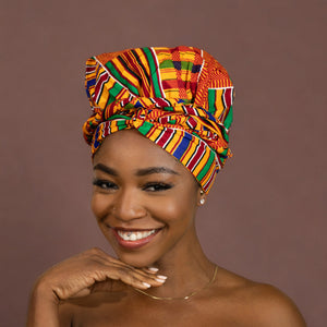 Easy headwrap / hoofddoek - Satijnen binnenkant - Kente oranje / blauw / rood