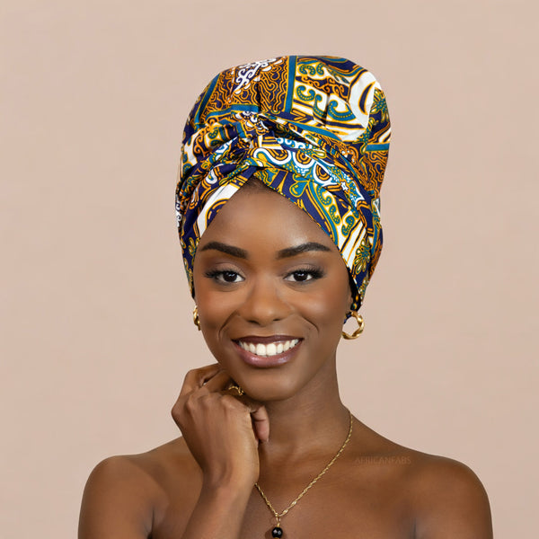 Easy headwrap / hoofddoek - Satijnen binnenkant - Blauwe mix