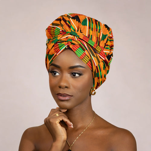 Easy headwrap / hoofddoek - Satijnen binnenkant - Kente oranje/groen