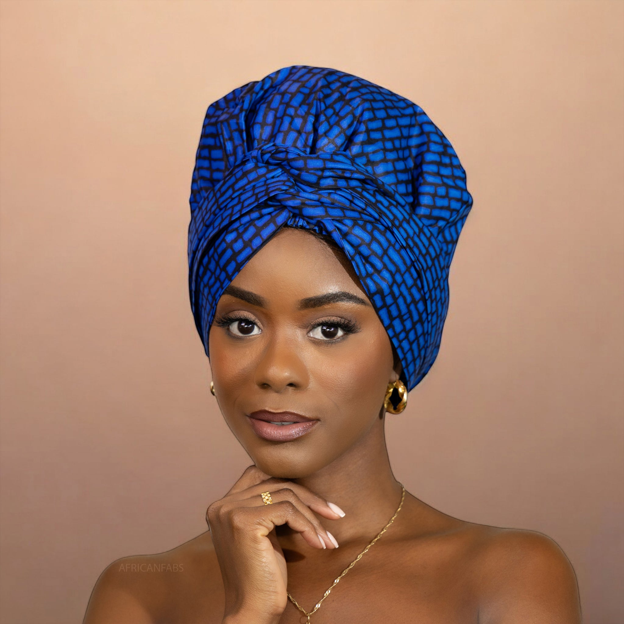 Easy headwrap / hoofddoek - Satijnen binnenkant - Blauw blocks