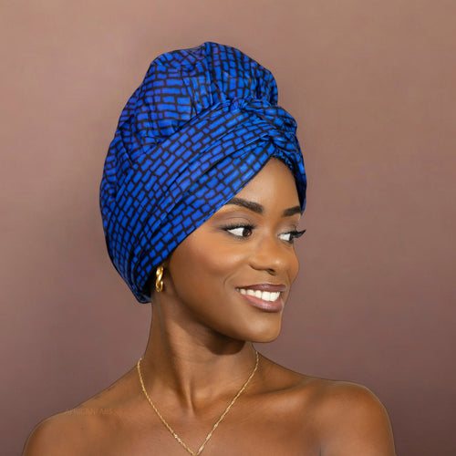 Easy headwrap / hoofddoek - Satijnen binnenkant - Blauw blocks