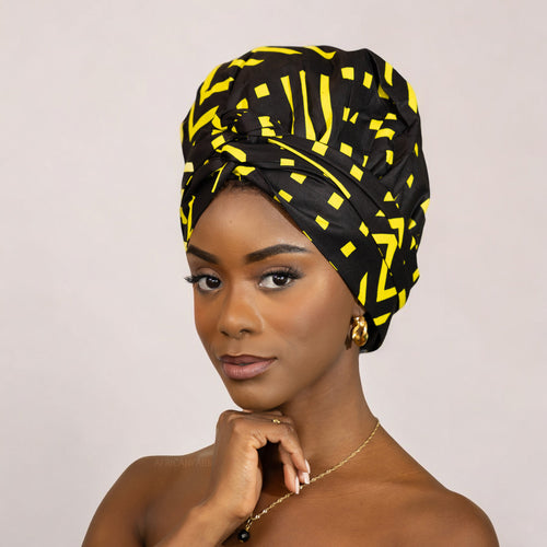 Easy headwrap / hoofddoek - Satijnen binnenkant - Zwart / geel