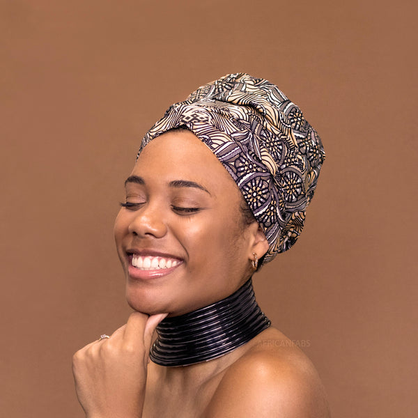 Easy headwrap / hoofddoek - Satijnen binnenkant - Zwart/Beige starflower