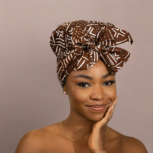 Easy headwrap / hoofddoek - Satijnen binnenkant - Bruine X Bogolan