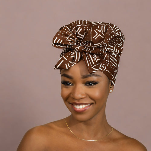 Easy headwrap / hoofddoek - Satijnen binnenkant - Bruine X Bogolan