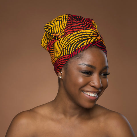 Easy headwrap / hoofddoek - Satijnen binnenkant - Rood & Geel Concentric