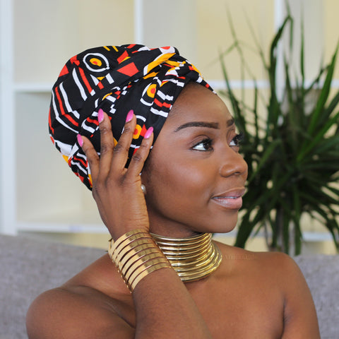 Easy headwrap / hoofddoek - Satijnen binnenkant - Zwart / rode Adaobi