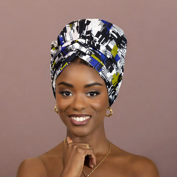 Easy headwrap / hoofddoek - Satijnen binnenkant - Blauw / wit