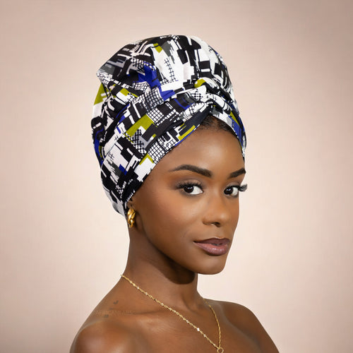 Easy headwrap / hoofddoek - Satijnen binnenkant - Blauw / wit