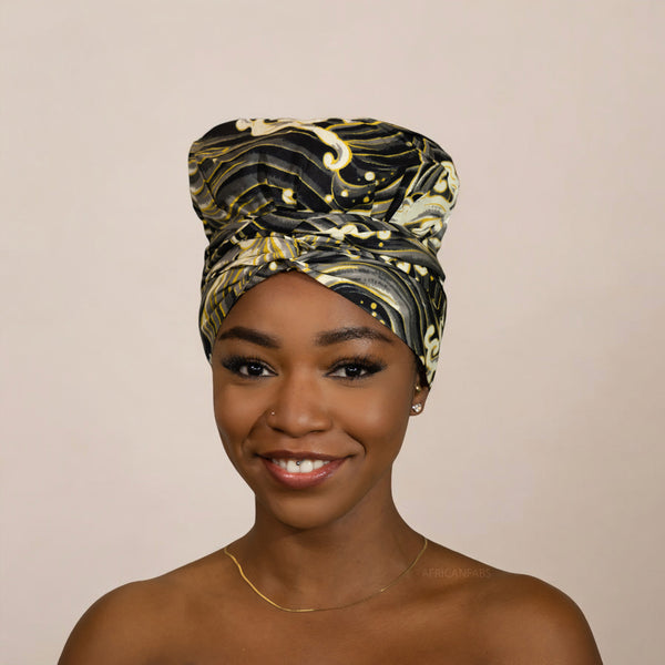 Easy headwrap / hoofddoek - Satijnen binnenkant - Zwart / crèmekleur