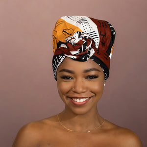 Easy headwrap / hoofddoek - Satijnen binnenkant - Donkerbruin / Geel Bogolan Symbols