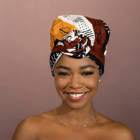 Easy headwrap / hoofddoek - Satijnen binnenkant - Donkerbruin / Geel Bogolan Symbols