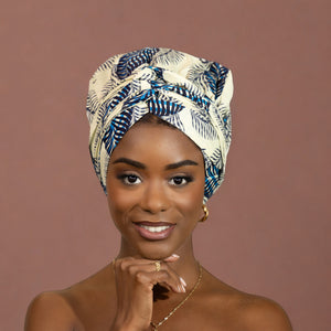 Easy headwrap / hoofddoek - Satijnen binnenkant -  Blauw / witte bloem