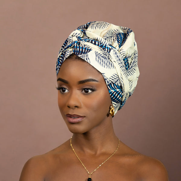 Easy headwrap / hoofddoek - Satijnen binnenkant -  Blauw / witte bloem