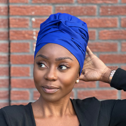 Easy headwrap / hoofddoek - Satijnen binnenkant - Blauw - Katoen