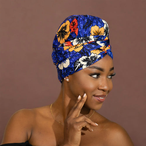 Easy headwrap / hoofddoek - Satijnen binnenkant -  Blauw bloem