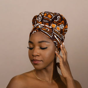 Easy headwrap / hoofddoek - Satijnen binnenkant - Bruine patronen Bogolan