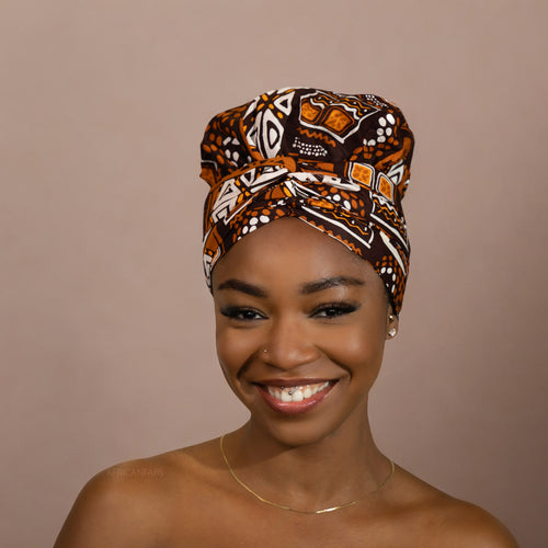 Easy headwrap / hoofddoek - Satijnen binnenkant - Bruine patronen Bogolan