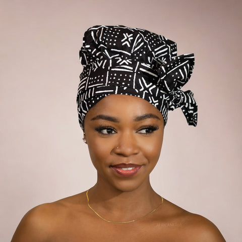 Easy headwrap / hoofddoek - Satijnen binnenkant - Zwart Witte X Bogolan