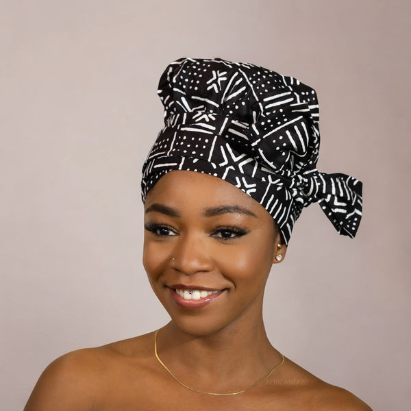 Easy headwrap / hoofddoek - Satijnen binnenkant - Zwart Witte X Bogolan