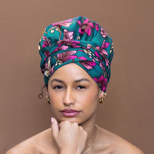 XL Easy headwrap / hoofddoek - Satijnen binnenkant - Blauw / roze / creme