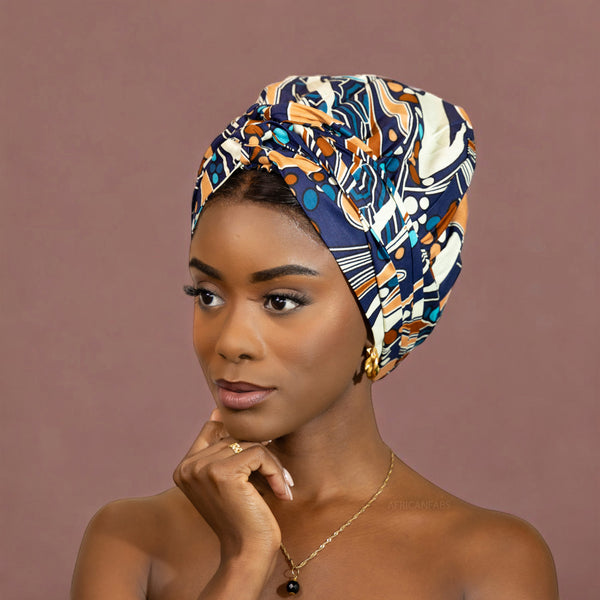 Easy headwrap / hoofddoek - Satijnen binnenkant - Blauw / bruin