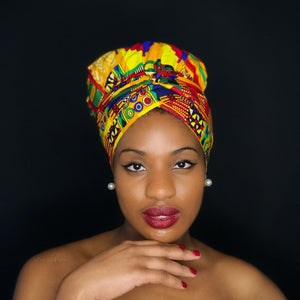 Easy headwrap / hoofddoek - Satijnen binnenkant - Kente Geel