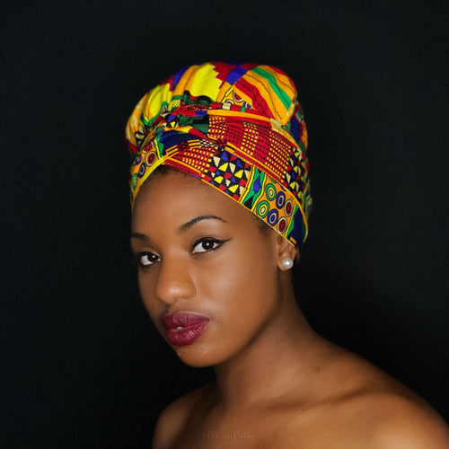 Easy headwrap / hoofddoek - Satijnen binnenkant - Kente Geel