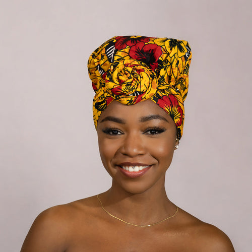 Easy headwrap / hoofddoek - Satijnen binnenkant - Gele Flowers