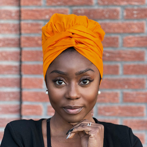 Easy headwrap / hoofddoek - Satijnen binnenkant - Oranje-Geel - Katoen