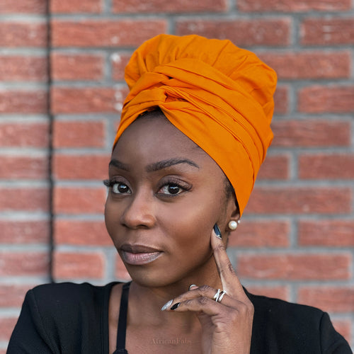 Easy headwrap / hoofddoek - Satijnen binnenkant - Oranje-Geel - Katoen