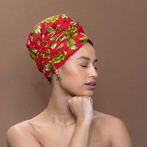 Easy headwrap / hoofddoek - Satijnen binnenkant - Rood / Geel bloom