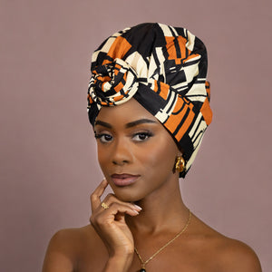 Easy headwrap / hoofddoek - Satijnen binnenkant - Oranje / zwart